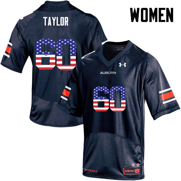 Women #60 Bill Taylor Auburn Tigers USA Flag Fashion College Football Jerseys-Navy